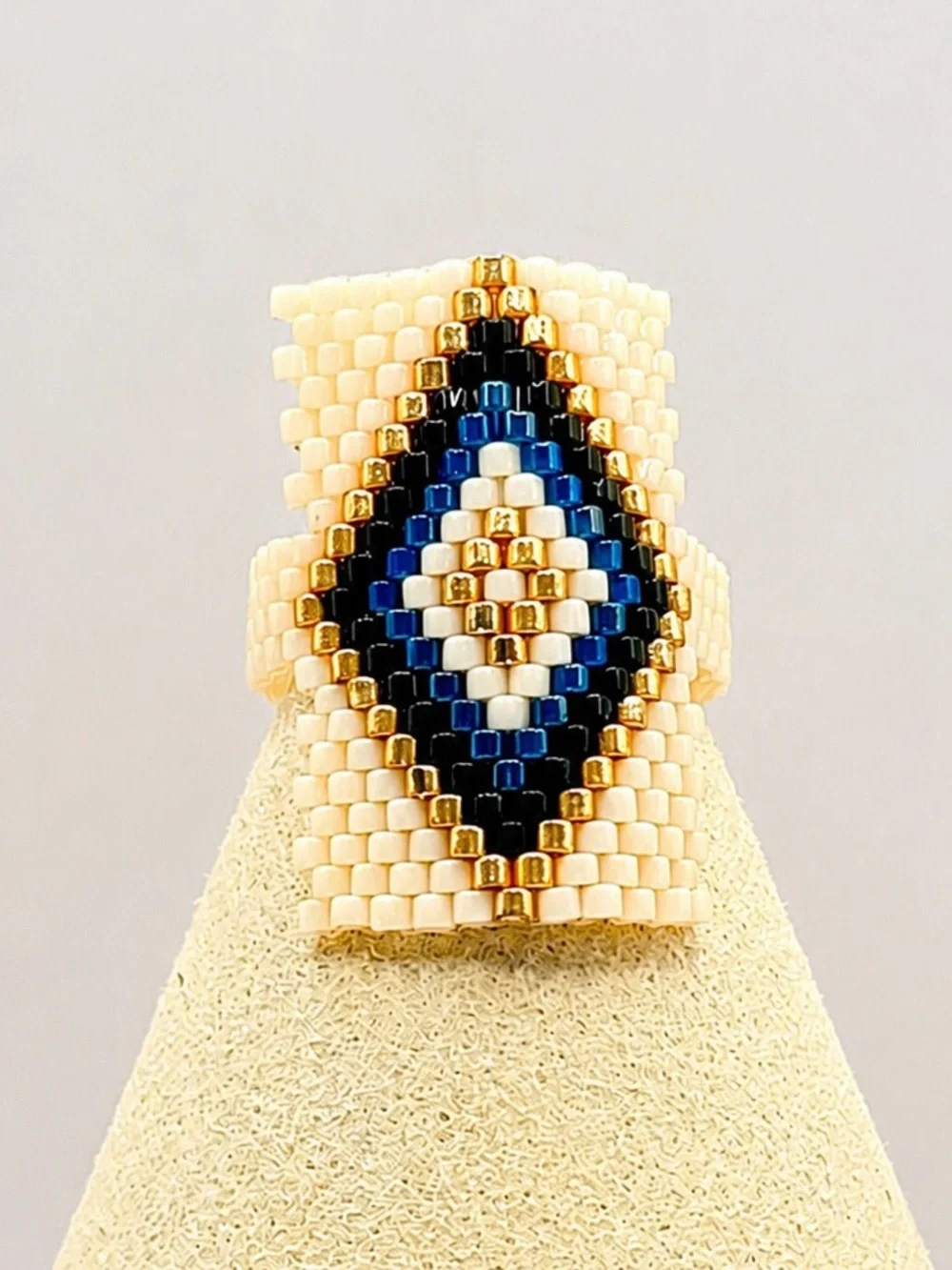 Beaded Evil Eye Ring Handmade Boho Adjustable Seed Bead Statement Ring